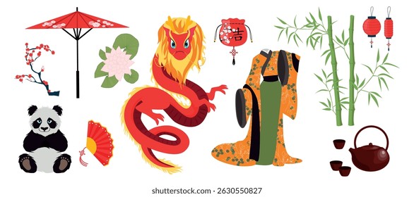 Set of Chinese characters in cartoon style.Vector illustration: Chinese dragon, umbrella, panda, sakura branch, water lily, bag, kimono, bamboo, lanterns, tea ceremony isolated on white background.