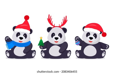 set of chinese christmas pandas in santa hat, deer antlers with fir tree and christmas ball. new year concept and Xmas. vector illustration isolated on white background