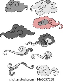Set of Chinese cloud and wave on isolate background.Japanese cloud.