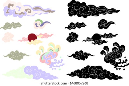 Set of Chinese cloud and wave on isolate background.Japanese cloud.