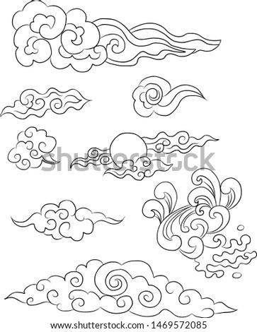 Set of Chinese cloud and wave on isolate background. Japanese cloud.