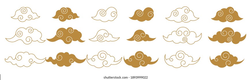 Set of Chinese clouds for greeting card decoration. Knot of happiness. Paper lanterns and couplets on the door. Flat vector outline icons.