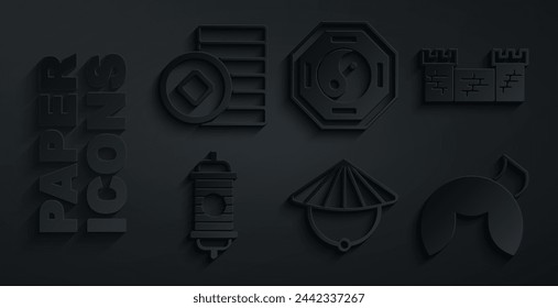 Set Chinese conical straw hat, Great wall of China, paper lantern, fortune cookie, Yin Yang and Yuan currency icon. Vector