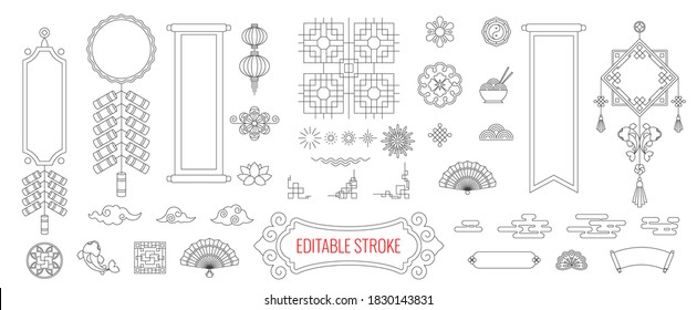 Set of chinese decorations. Oriental traditional pattern. Asia and Japan culture. Asian symbols, graphic modern illustration. For New year greeting card. Flat vector illustration.