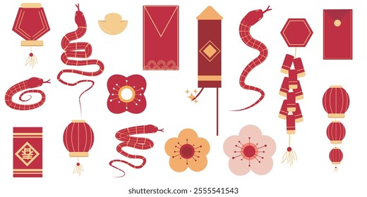 Set of Chinese design elements. Collection of vector decorative patterns, illustrations of snakes, lanterns, flowers, clouds, ornaments in Chinese and Japanese styles.