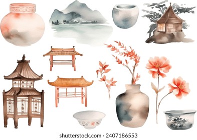 Set of Chinese design elements.Hand drawn vector illustration. Chinese background with watercolor texture vector. ink painting