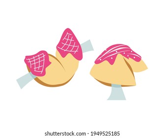 Set. Chinese dessert with decoration. Fortune cookie with fortune or wish decorated. Vector illustration in color.