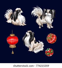 Set with chinese chinese dog and balls and a lantern