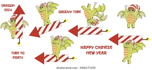 Set Chinese Dragon on petard character Sticker in trendy Groovy style isolated white background. Symbol 2024 Chinese New Year collection. Vector illustration for postcard, web and social media design