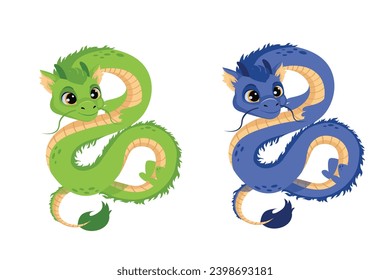 Conjunto de dragones chinos aislados sobre fondo blanco. El verde y el azul son un símbolo mitológico tradicional asiático. Signo de horóscopo. Ilustración vectorial al estilo de las caricaturas.