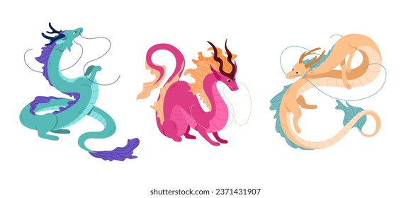 Juego de dragones chinos, símbolo del año nuevo 2024. Signo del calendario lunar oriental. Dragones de la cultura asiática. Colección de dragones aislada en blanco. Elementos decorativos de ilustración vectorial en estilo plano.