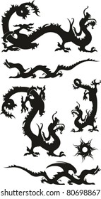 Set of the Chinese dragons, tribal tattoo isolated on White background. Vector illustration