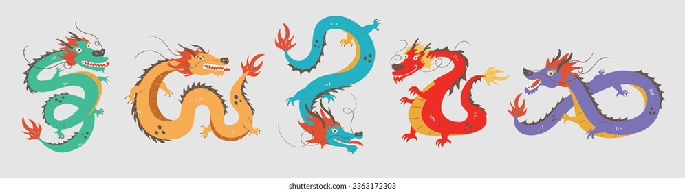 Juego de dragones chinos. Año nuevo chino, criaturas mitológicas del personaje del dragón chino tradicional. Signo zodiaco. Estilo de caricatura chino-asiático. Ilustración del Vector de color dibujado a mano. Vector oriental 