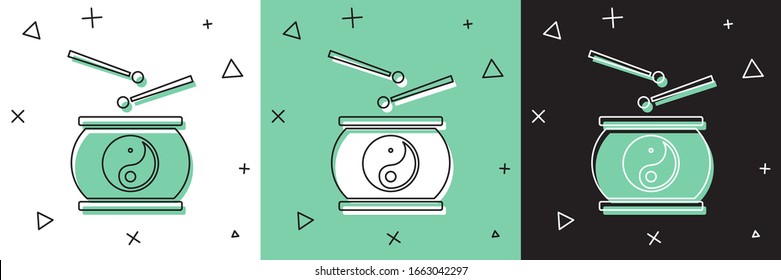 Setzen Sie ein Symbol für chinesische Trommel einzeln auf weißem und grünem, schwarzem Hintergrund. Traditionelles asisches Percussion Instrument Taiko oder O-Daiko Drum. Vektorillustration-Illustration