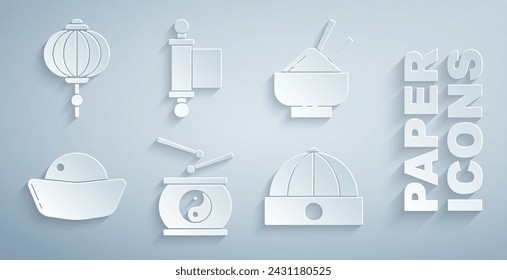 Set Chinese drum, Rice a bowl with chopstick, Sushi, hat, Decree, paper, parchment, scroll and lantern icon. Vector