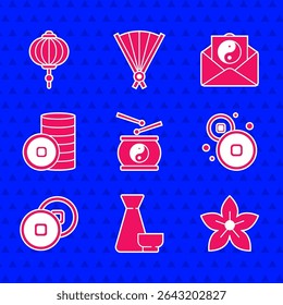 Set Chinese drum, tea ceremony, Lotus flower, Yuan currency, Yin Yang and envelope and paper lantern icon. Vector