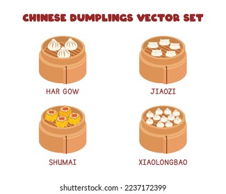 Set of Chinese Dumplings in bamboo steamer vector design illustration, clipart cartoon style. Har Gow, Dim Sum, Jiaozi, Xiaolongbao. Asian food