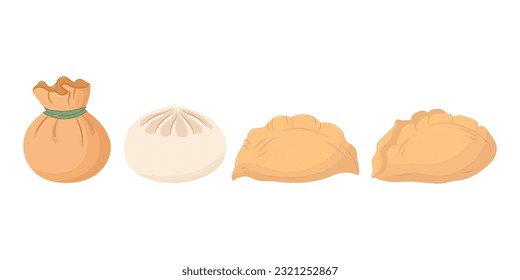 Instalado con los maniquíes chinos dim sum, wonton y jiaozi vector plano aislado en fondo blanco. 