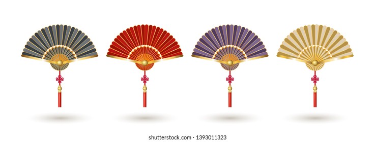 Set of Chinese fans, elements of traditional festive design. Chinese red, black, dark purple and golden fans isolated on white background