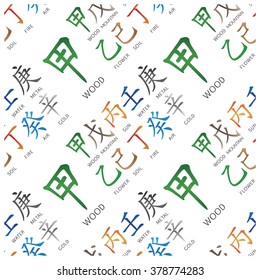 Set of chinese feng shui hieroglyphs seamless pattern. Translation of 10 zodiac stems, feng shui signs hieroglyph: "Wood". 5 elements color
