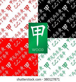 Set of chinese feng shui hieroglyphs seamless pattern. Translation of 10 zodiac stems, feng shui signs hieroglyph: "Wood".