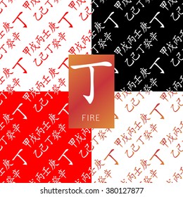 Set of chinese feng shui hieroglyphs seamless pattern. Translation of 10 zodiac stems, feng shui signs hieroglyph: "Fire".