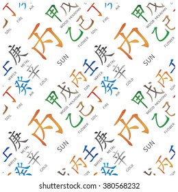 Set of chinese feng shui hieroglyphs seamless pattern. Translation of 10 zodiac stems, feng shui signs hieroglyph: "Sun". 5 elements color