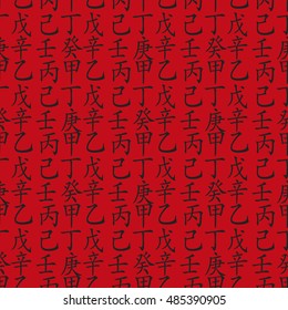 Set of chinese feng shui hieroglyphs seamless pattern. Translation of 10 zodiac stems, feng shui signs hieroglyph-wood, flower, sun, fire, mountain, soil, metal, gold, sea, air. 