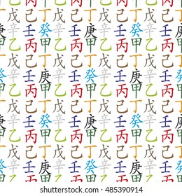 Set of chinese feng shui hieroglyphs seamless pattern. Translation of 10 zodiac stems, feng shui signs hieroglyph-wood, flower, sun, fire, mountain, soil, metal, gold, sea, air. 