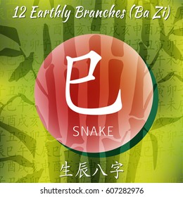 Set of chinese feng shui hieroglyphs. Translation of 12 zodiac animals, feng shui signs hieroglyph- Rat, Ox, Tiger, Rabbit, Dragon, Snake, Horse, Goat, Monkey, Rooster, Dog, Pig. Bamboo backgraund.
