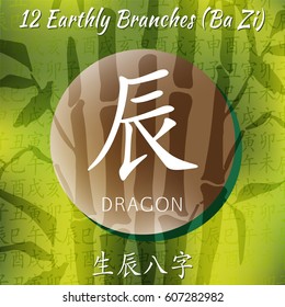 Set of chinese feng shui hieroglyphs. Translation of 12 zodiac animals, feng shui signs hieroglyph- Rat, Ox, Tiger, Rabbit, Dragon, Snake, Horse, Goat, Monkey, Rooster, Dog, Pig. Bamboo backgraund.
