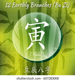 Set of chinese feng shui hieroglyphs. Translation of 12 zodiac animals, feng shui signs hieroglyph- Rat, Ox, Tiger, Rabbit, Dragon, Snake, Horse, Goat, Monkey, Rooster, Dog, Pig. Bamboo backgraund.
