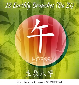 Set of chinese feng shui hieroglyphs. Translation of 12 zodiac animals, feng shui signs hieroglyph- Rat, Ox, Tiger, Rabbit, Dragon, Snake, Horse, Goat, Monkey, Rooster, Dog, Pig. Bamboo backgraund.
