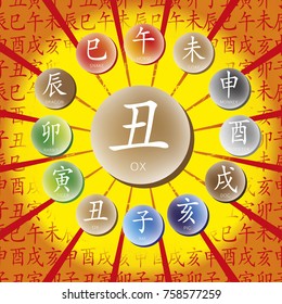 Set of chinese feng shui hieroglyphs. Translation of 12 zodiac animals, feng shui signs hieroglyph- Rat, Ox, Tiger, Rabbit, Dragon, Snake, Horse, Goat, Monkey, Rooster, Dog, Pig