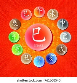 Set of chinese feng shui hieroglyphs. Translation of 12 zodiac animals, feng shui signs hieroglyph Rat, Ox, Tiger, Rabbit, Dragon, Snake, Horse, Goat, Monkey, Rooster, Dog, Pig