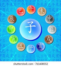 Set of chinese feng shui hieroglyphs. Translation of 12 zodiac animals, feng shui signs hieroglyph Rat, Ox, Tiger, Rabbit, Dragon, Snake, Horse, Goat, Monkey, Rooster, Dog, Pig