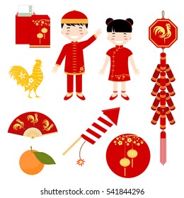 Set of Chinese flat icons. Set include girl, boy, lantern, rooster and other elements. Vector illustration.