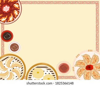 set of chinese food, crispy duck skin, dim sum and dumplings vector illustration