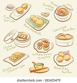 Set of chinese food.  Line drawing of cantonese cuisine, guangdong morning tea. Vector dim sum icons. Names of dishes by handwriting. File is layered with global colors. High res jpeg included.