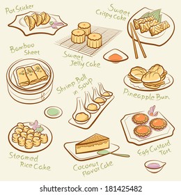 Set of chinese food.  Line drawing of cantonese cuisine, guangdong morning tea. Vector dim sum icons. Names of dishes by handwriting. File is layered with global colors. High res jpeg included.