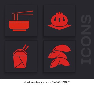 Set Chinese fortune cookie, Asian noodles in bowl and chopsticks, Khinkali on cutting board and Asian noodles in paper box and chopsticks icon. Vector