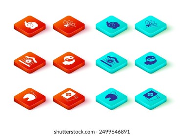 Set Chinese fortune cookie, New Year, Gong musical instrument, Yin Yang symbol, Lotus flower and Magic fog smoke icon. Vector