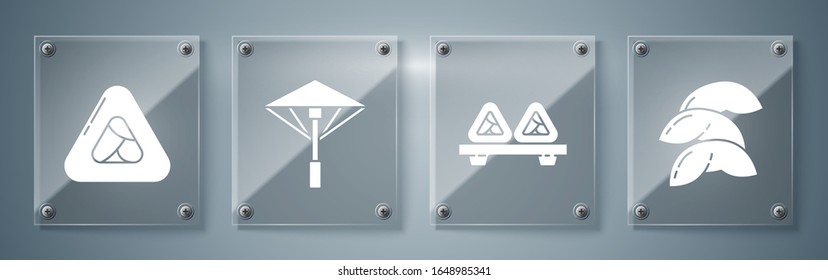 Set Chinese fortune cookie, Sushi on cutting board, Japanese umbrella from the sun and Sushi. Square glass panels. Vector