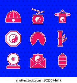 Set Chinese fortune cookie, Yin Yang and envelope, paper lantern, Bamboo, Gong,  and hat icon. Vector