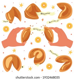 Set of Chinese Fortune Cookies. Asian flour food collection. Confectionery for good luck. Vector flat cartoon illustration