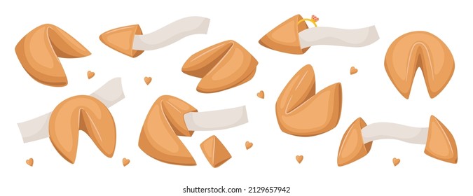 Set of Chinese fortune cookies with blank paper template. Open and closed fortune cookies. Surprised Message inside of Bake. Destiny Forecast. Vector illustrations isolated on white background.