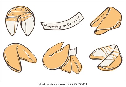 Set of chinese fortune cookies in flat style. Cookies with white icing and good predictions. Asian traditional food. Vector illustration for any design.