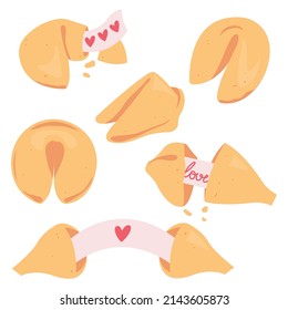 Set of Chinese Fortune Cookies with paper template on a white background. Open and closed cookies with prediction. Vector illustration