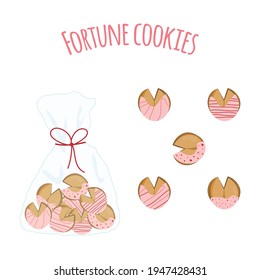 A set of Chinese fortune cookies with pink icing. Vector illustration. White background.