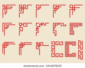Set of Chinese frame corners. Traditional Asian pattern. For decoration of banners, cards and Asian culture products. Vector illustration isolated on beige background.